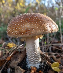 close up photo of a large brown mushroom with white spots