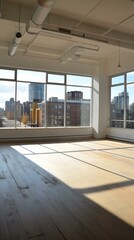 An empty room with large windows