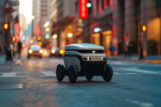 Small autonomous delivery robot drives down a city street. The technologies of the future are already here.