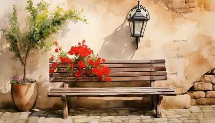 Picture: a wooden bench with red flowers hanging from it against the background of an old brick wall, an old city somewhere in Europe.