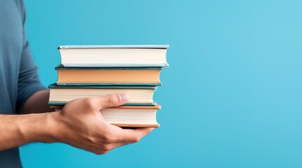 Man hands holding books isolated on blue background
