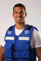Portrait of a smiling young man wearing a blue life jacket