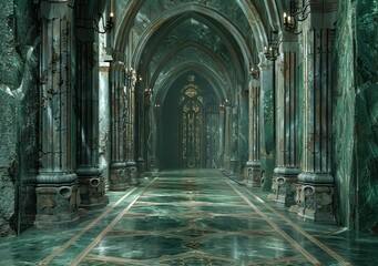 Fototapeta premium The long green marble hallway