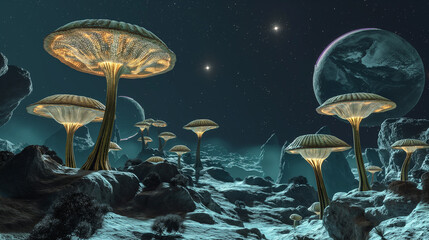  glowing mushrooms in a dark forest.