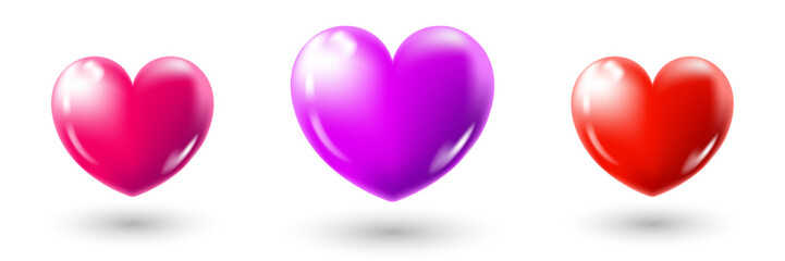 Three brightly colored hearts in pink, purple, and red hues on transparent background