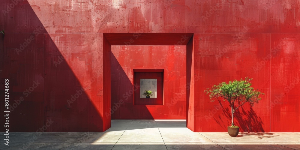 Aufkleber red concrete building with a small tree in front of it