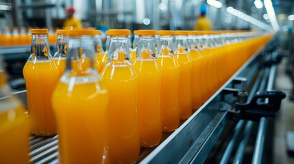 A vibrant array of juice bottles streamlining through production, a portrait of industry in motion, sealed with AI Generative.