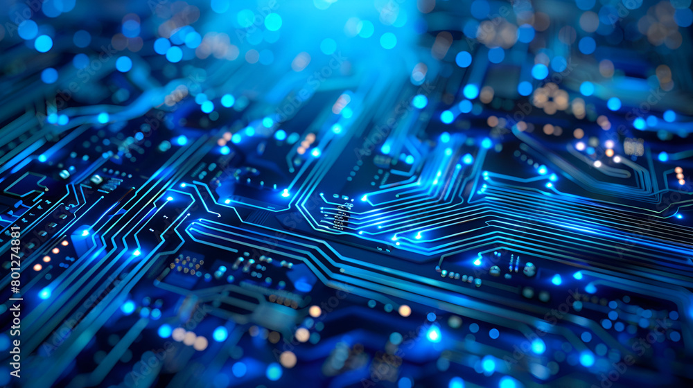 Poster electronic circuit board with electronic components such as chips close up. the concept of the elect