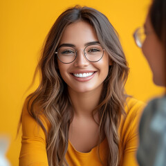 A woman with long brown hair and glasses is smiling at the camera. . Therapy concept