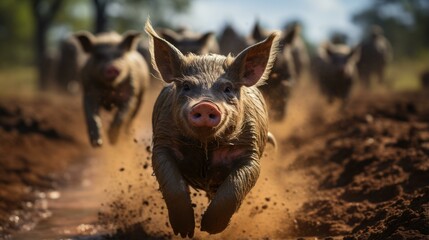 A cute piglet is running in the mud - obrazy, fototapety, plakaty