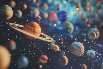 Generative ai on theme of parade of planets in solar system, bright stars glow in atmosphere