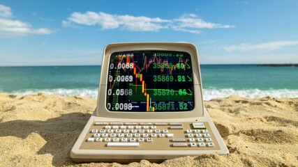 computer on a beach with data and code on screen - 801275049