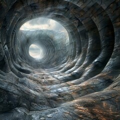 Mystical stone tunnel with glowing light at the end