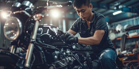 Asian man repairing a custom motorcycle in a workshop