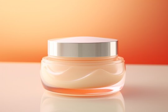 White face and body cream in a glass jar stands on a peachу  table. Concept of skincare cosmetics for face and body, self-care
