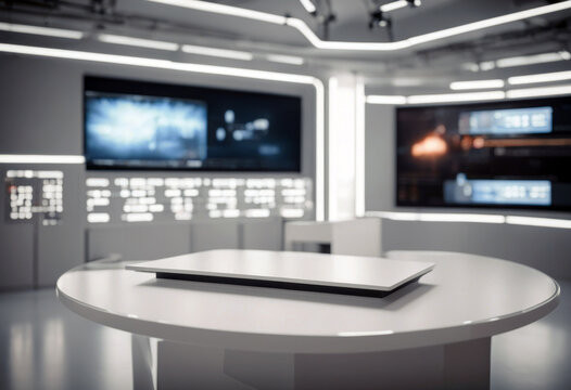 'table lcd white studio background room3d rendering news screen poduim newscaster three-dimensional broadcast business broadcasting blue entertainment breaking camera'