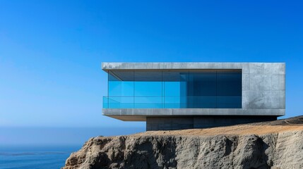 Modern concrete house with glass walls on a cliff overlooking the ocean