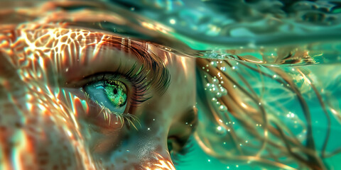 close up of woman face in water focusing on green iris eye with reflected light on face, clear green turquoise tones.