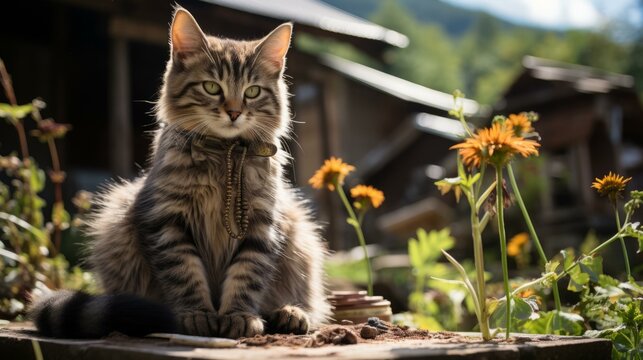 A ginger cat is sitting on a wooden table in a garden - Powered by Adobe