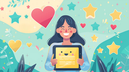 Cheerful young woman presenting digital content on a tablet with joyful icons and stars, Concept of positive online engagement and educational technology