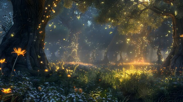 Enchanted Mystical Forest Bathed in Eternal Twilight with Glowing Ethereal Fae Creatures