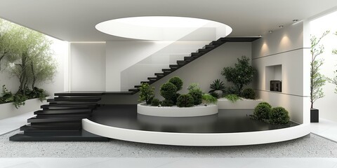 Black and white modern interior with curved staircase and indoor garden