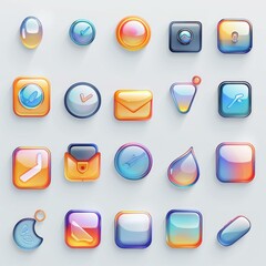 A set of 3D glossy web icons with various symbols