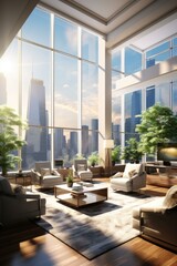 Modern living room interior design with large windows and city view