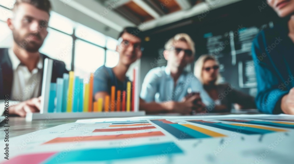 Aufkleber a group of business professionals discussing a bar graph during a strategy meeting, brainstorming so