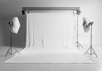 Photo studio with white backdrop and lighting equipment