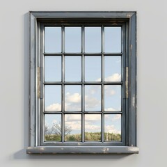 Blue wooden window frame with white wall background