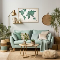 A Stylish Living Room With a Map of the World