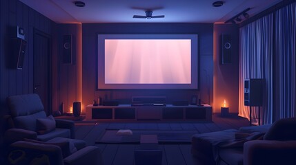 Cozy and Immersive Home Theater Experience with Dimmed Lighting and Large Projection Screen