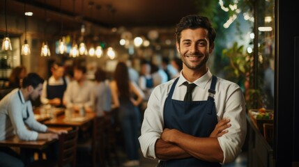 Obraz premium Portrait of a happy waiter standing in a restaurant with arms crossed