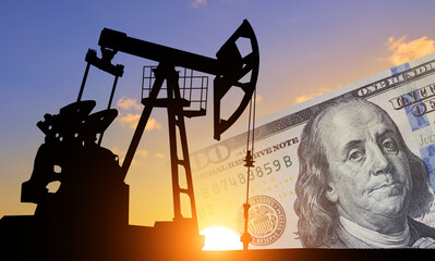 Oil rig and dollar banknote against sunset background. 3d illustration - obrazy, fototapety, plakaty