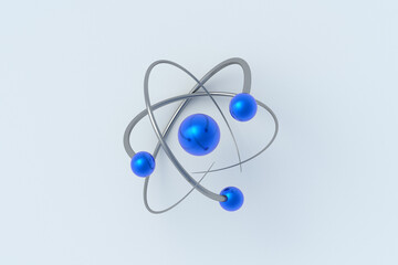 Model of atom on gray background. Neutron and proton. Science and nanotechnology. Molecular chemistry. Nuclear core. Top view. 3d render