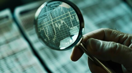 A close-up of a hand holding a magnifying glass over stock market reports