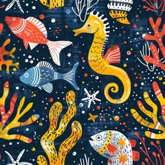 Underwater seamless pattern with hand drawn sea animals and plants