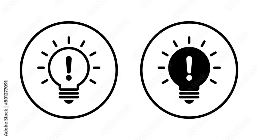 Poster exclamation mark with lamp icon on circle line. warning light bulb sign symbol