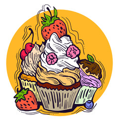 Sweet tasty dessert cupcake with cream and deco for morning breakfast in café or restaurant. Mini birthday cake for pleasure. Hand drawn colorful retro vintage illustration. Old style drawing.