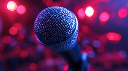 Professional microphone in recording studio with blurred background for text placement