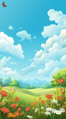 Cartoon scenery of a green field with flowers and mountains in the distance