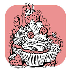 Sweet tasty dessert cupcake with cream and deco for morning breakfast in café or restaurant. Mini birthday cake for pleasure. Hand drawn colorful retro vintage illustration. Old style drawing.