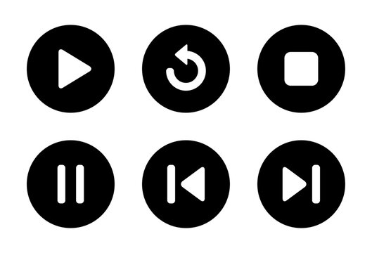 Play, replay, stop, pause, previous, and next track icon on black circle