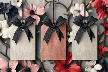 cool trendy sale stickers for business. Black Friday sale. Geometric elements for a store sale, online promotion Black gift box with golden ribbon bow on black background. 3d render generated ai