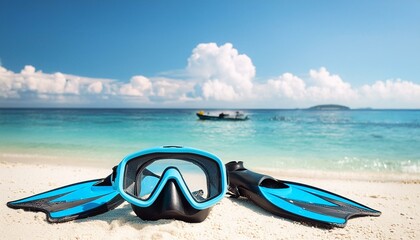 snorkel and mask on the beach, blurred background