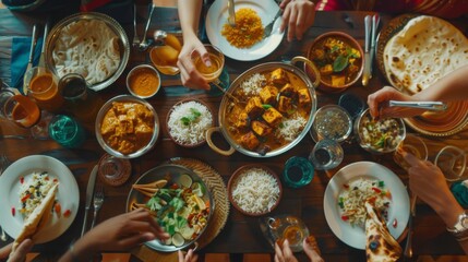 A group of friends dining at an Indian restaurant, relishing the aromatic aroma and complex flavors of paneer dishes served with fluffy basmati rice.