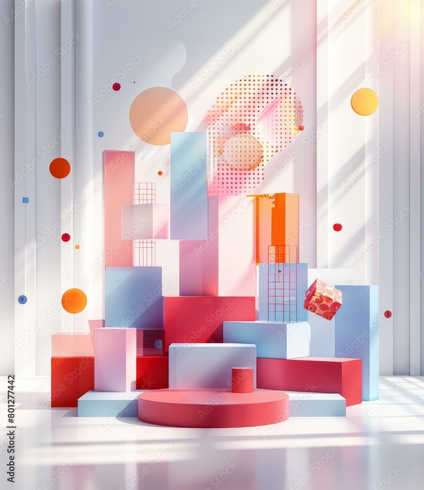 Poster colorful 3d geometric shapes composition with podiums and floating elements