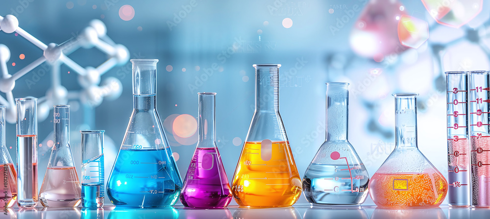 Poster various laboratory equipment such as beakers, test tubes and flasks with colorful liquid on a white 