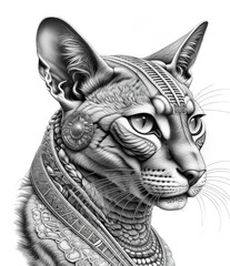 Grayscale Drawing of a Cat, Mandala with stylized Abyssinian cat for coloring page, tattoo.